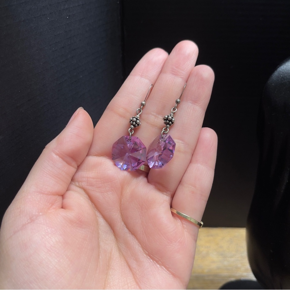 Sterling Silver Purple Statement Circle Cut Gem Hook Earrings - Picture 7 of 10
